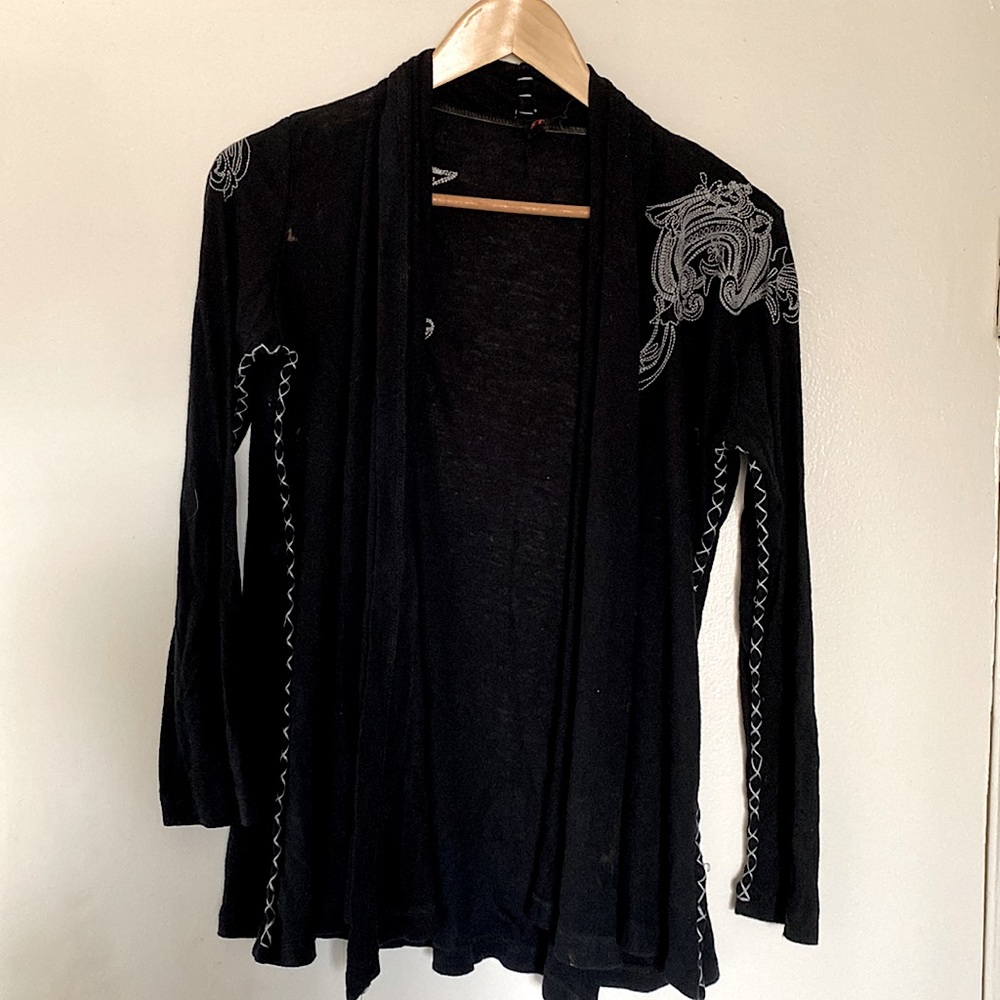 Embroidered Wrap Open Front Sweater